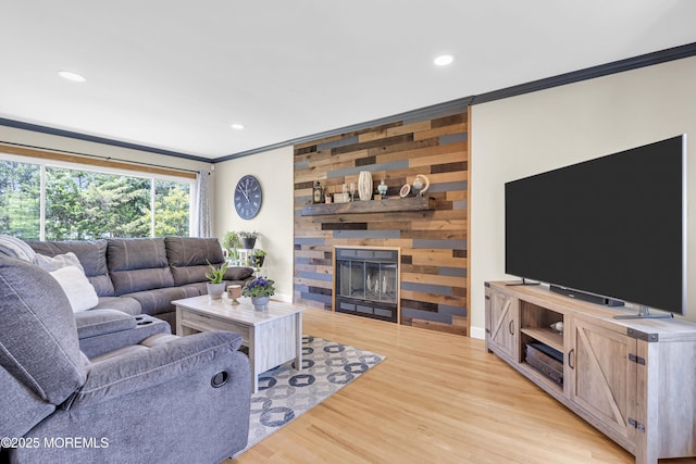 33 Fleetwood Dr, Hazlet, NJ 07730 - living room featuring crown molding, light wood-style floors, recessed lighting, and a large fireplace