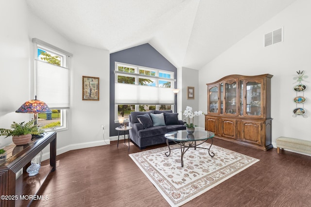 24 Birmingham Ln, Monroe, NJ 08831 - living room with healthy amount of natural light, dark wood-style flooring, baseboards, and high vaulted ceiling