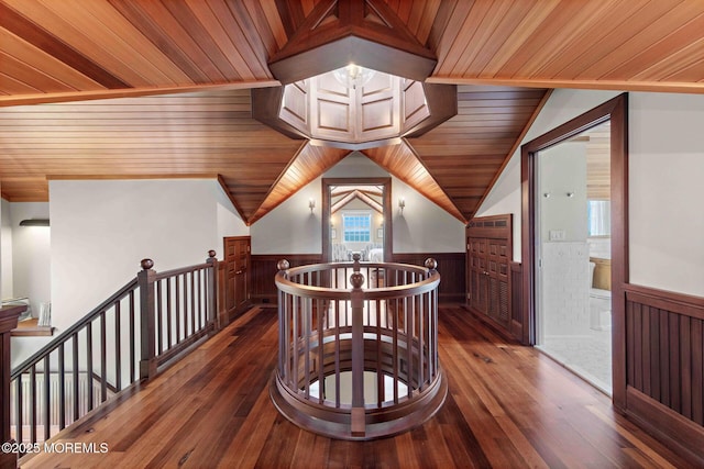 425 E Ave, Bay Head, NJ 08742 - corridor featuring an upstairs landing, wainscoting, hardwood / wood-style floors, vaulted ceiling, and wood ceiling