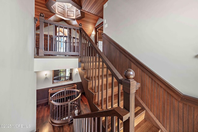 425 E Ave, Bay Head, NJ 08742 - staircase featuring wainscoting, wood finished floors, and wooden ceiling