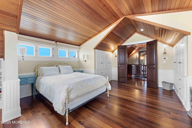 425 E Ave, Bay Head, NJ 08742 - bedroom with wooden ceiling, a wainscoted wall, lofted ceiling, and dark wood-type flooring