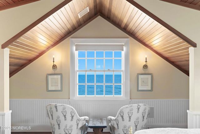 425 E Ave, Bay Head, NJ 08742 - sitting room featuring lofted ceiling, a water view, a wainscoted wall, and wooden ceiling
