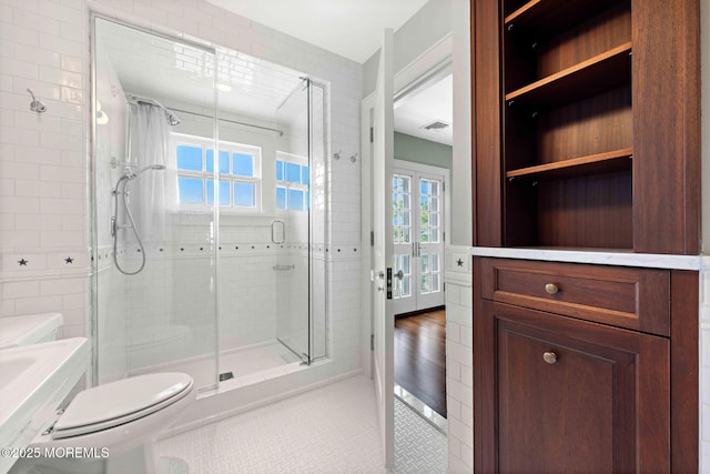 425 E Ave, Bay Head, NJ 08742 - bathroom with a shower stall, plenty of natural light, tile patterned floors, and french doors