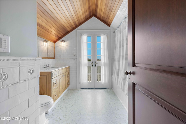 425 E Ave, Bay Head, NJ 08742 - full bathroom featuring french doors, lofted ceiling, wooden ceiling, and vanity