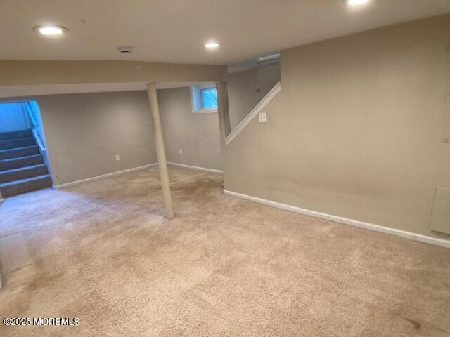 273 Stuart St, Howell, NJ 07731 - below grade area with stairs, carpet floors, recessed lighting, and baseboards