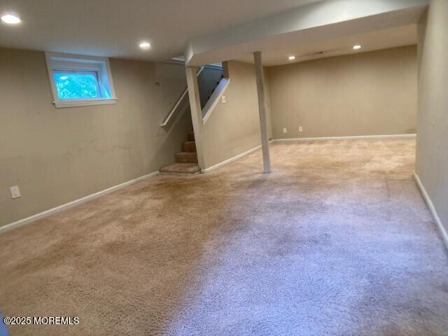 273 Stuart St, Howell, NJ 07731 - below grade area featuring recessed lighting, carpet floors, baseboards, and stairs