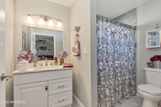 14 Turnbridge Row, Manchester, NJ 08759 - bathroom featuring toilet, vanity, curtained shower, marble finish flooring, and ceiling fan