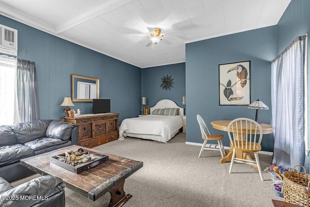 116 Curtis Ave, Manasquan, NJ 08736 - bedroom featuring multiple windows, carpet floors, ornamental molding, a ceiling fan, and a wall mounted air conditioner