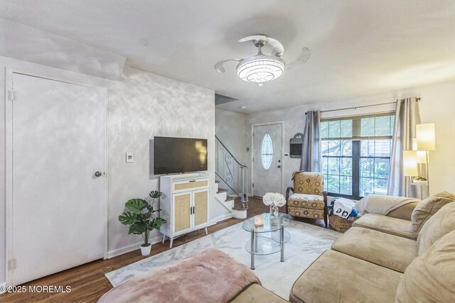 321 Spring St Unit 8, Red Bank, NJ 07701 - living area featuring ceiling fan, stairs, wood finished floors, and baseboards