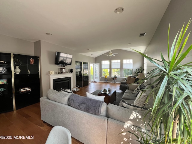 16 Woodstock Ct, Jackson, NJ 08527 - living room featuring wood finished floors, a fireplace, lofted ceiling, ceiling fan, and recessed lighting