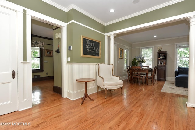 51 Clay St, Fair Haven, NJ 07704 - sitting room featuring decorative columns, light wood finished floors, ornamental molding, and recessed lighting