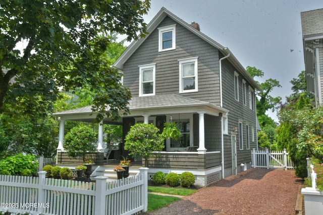 51 Clay St, Fair Haven, NJ 07704 - american foursquare style home with a porch, a chimney, a fenced front yard, roof with shingles, and a gate