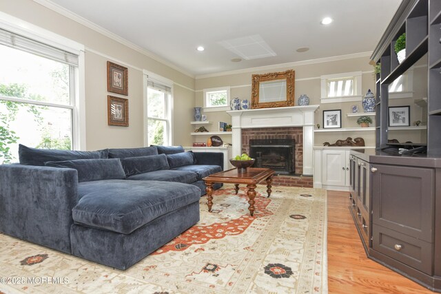 51 Clay St, Fair Haven, NJ 07704 - living room with ornamental molding, healthy amount of natural light, a fireplace, light wood-style floors, and recessed lighting