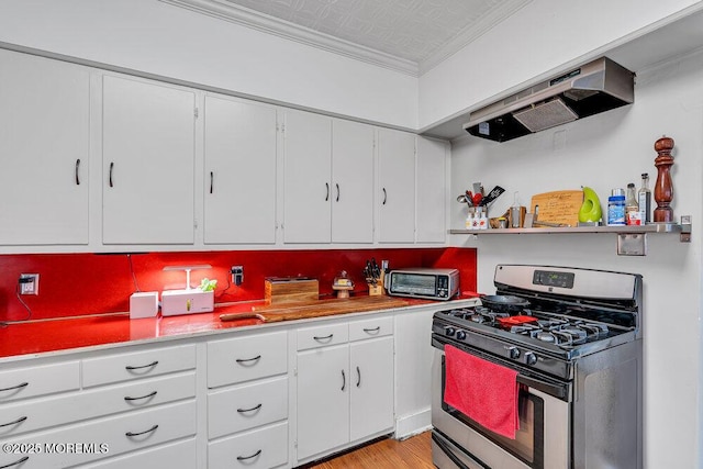 708 7th Ave, Asbury Park, NJ 07712 - kitchen featuring gas stove, range hood, an ornate ceiling, ornamental molding, and white cabinets