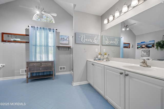 470 Nautilus Dr, Manahawkin, NJ 08050 - full bath with a ceiling fan, lofted ceiling, double vanity, and tile patterned flooring
