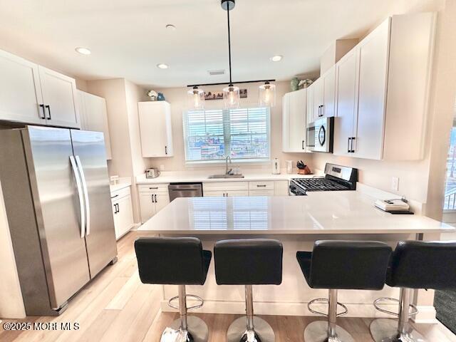 64 Sheridan Ave Unit A, Seaside Heights, NJ 08751 - kitchen with stainless steel appliances, a sink, a peninsula, light wood-style flooring, and a kitchen breakfast bar