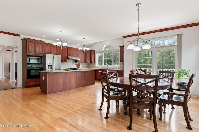 27 Witherspoon Way, Marlboro, NJ 07746 - dining area with a chandelier, light wood-style floors, crown molding, recessed lighting, and decorative columns