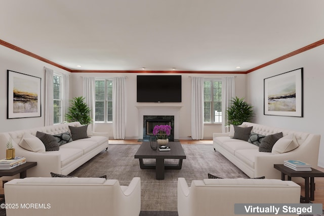27 Witherspoon Way, Marlboro, NJ 07746 - living area with ornamental molding, healthy amount of natural light, a fireplace, wood finished floors, and recessed lighting