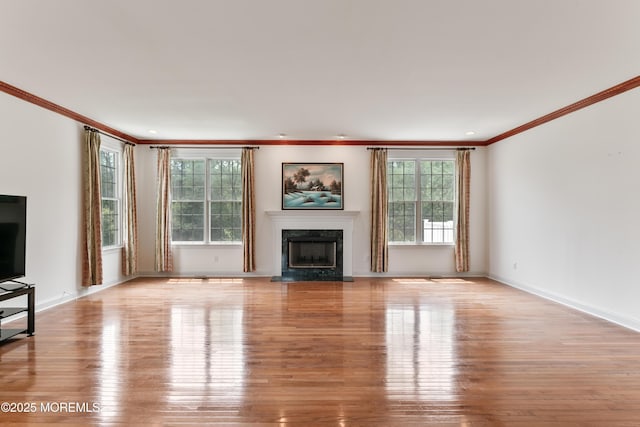 27 Witherspoon Way, Marlboro, NJ 07746 - unfurnished living room with crown molding, a premium fireplace, wood finished floors, and baseboards