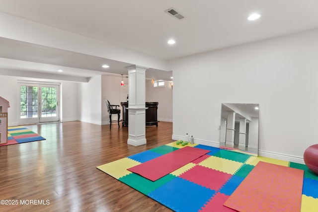 27 Witherspoon Way, Marlboro, NJ 07746 - workout room featuring recessed lighting, wood finished floors, baseboards, and ornate columns