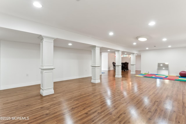27 Witherspoon Way, Marlboro, NJ 07746 - workout room with decorative columns, wood finished floors, recessed lighting, and baseboards