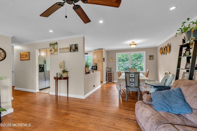 114 Greymoor Rd, Howell, NJ 07731 - living area with crown molding, a ceiling fan, light wood finished floors, and recessed lighting