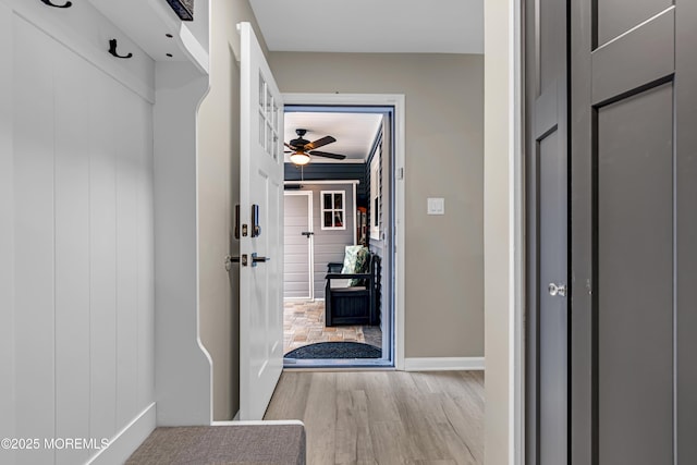 103 Idlewild Ln, Aberdeen, NJ 07747 - mudroom featuring a ceiling fan, baseboards, and wood finished floors