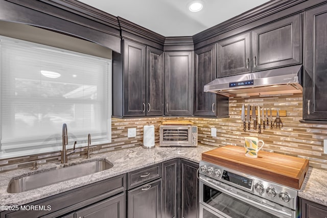 103 Idlewild Ln, Aberdeen, NJ 07747 - kitchen featuring stainless steel electric range, a sink, under cabinet range hood, dark brown cabinets, and decorative backsplash