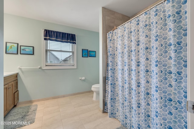 728 Brook Ave, Union Beach, NJ 07735 - bathroom with toilet, vanity, baseboards, and a shower with shower curtain