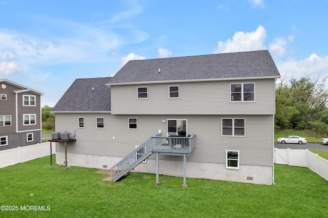 728 Brook Ave, Union Beach, NJ 07735 - back of house featuring stairway, a shingled roof, a wooden deck, and central AC unit