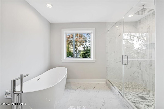 1119 Northstream Pkwy, Point Pleasant, NJ 08742 - full bathroom featuring a marble finish shower, marble finish floors, a freestanding tub, baseboards, and recessed lighting