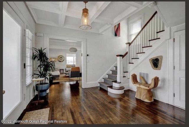 1 S Ocean Ave, Loch Arbour, NJ 07711 - entryway with hardwood / wood-style flooring, stairway, coffered ceiling, and beam ceiling