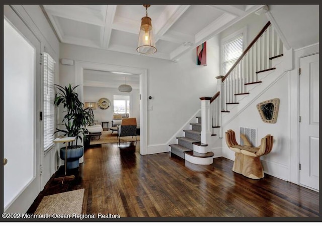 1 S Ocean Ave, Loch Arbour, NJ 07711 - foyer entrance with wood-type flooring, stairway, coffered ceiling, beam ceiling, and baseboards