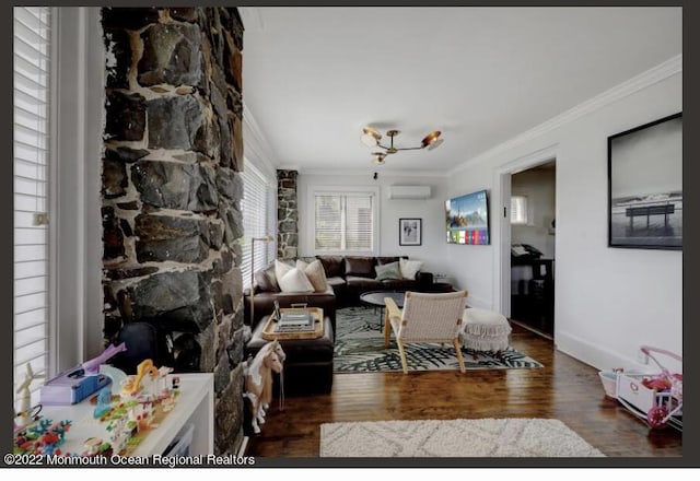 1 S Ocean Ave, Loch Arbour, NJ 07711 - living room featuring crown molding, a wall mounted AC, wood finished floors, and baseboards