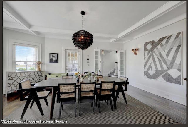 1 S Ocean Ave, Loch Arbour, NJ 07711 - dining room featuring a chandelier, plenty of natural light, dark wood-style floors, coffered ceiling, and beam ceiling