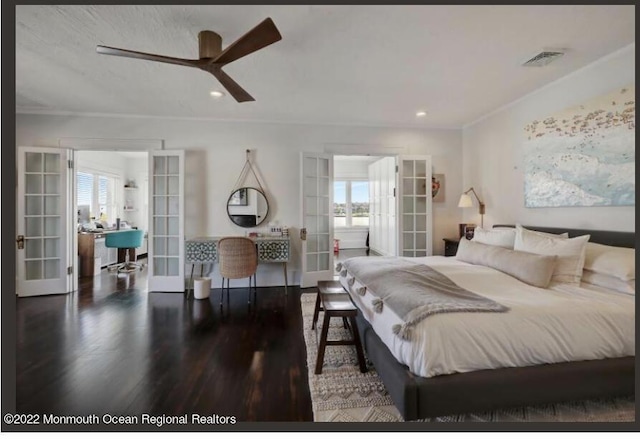 1 S Ocean Ave, Loch Arbour, NJ 07711 - bedroom with french doors, wood finished floors, a desk, recessed lighting, and ornamental molding