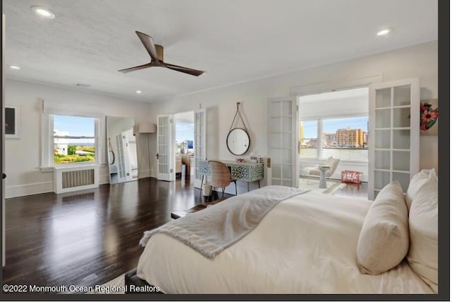 1 S Ocean Ave, Loch Arbour, NJ 07711 - bedroom with radiator, multiple windows, dark wood-style flooring, recessed lighting, and baseboards