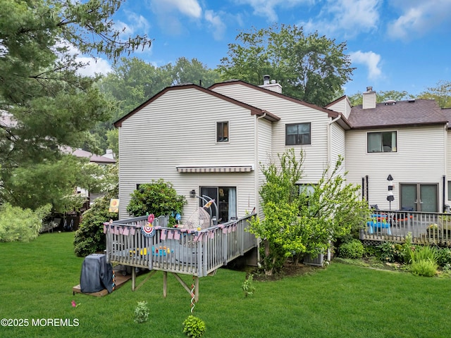 11 Kennedy Ct, Middletown, NJ 07748 - rear view of house with a deck, a chimney, and a lawn