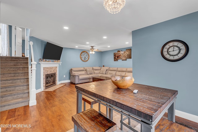 11 Kennedy Ct, Middletown, NJ 07748 - living room with baseboards, recessed lighting, a ceiling fan, a stone fireplace, and wood finished floors