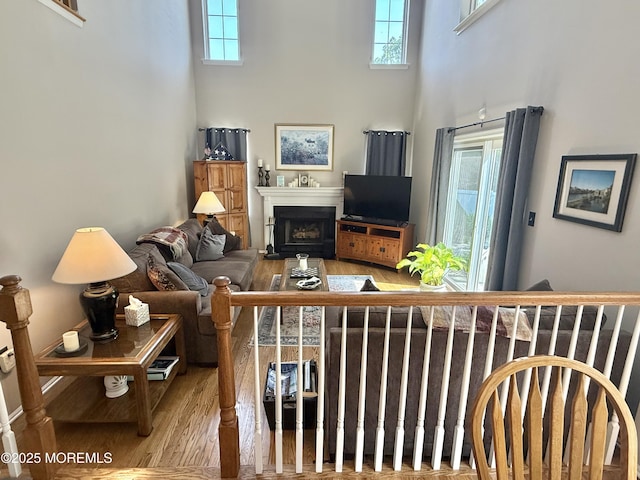 44 Diamond Ln, Howell, NJ 07731 - living area featuring wood finished floors, a towering ceiling, and a fireplace