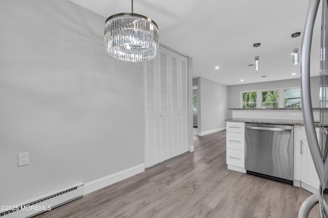 9 Edinburgh Ln Unit D, Manchester, NJ 08759 - kitchen featuring dishwasher, a baseboard radiator, white cabinets, light wood-type flooring, and a chandelier