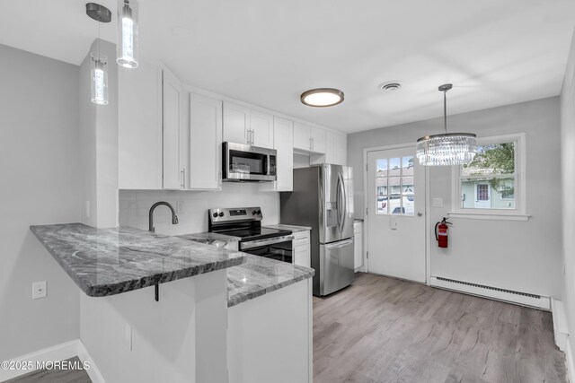 9 Edinburgh Ln Unit D, Manchester, NJ 08759 - kitchen with stainless steel appliances, baseboard heating, stone countertops, white cabinetry, and a peninsula