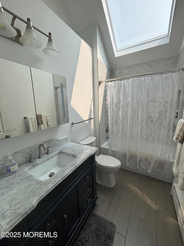 10 English Path, Freehold, NJ 07728 - bathroom with baseboard heating, shower / bath combo with shower curtain, vanity, toilet, and a skylight