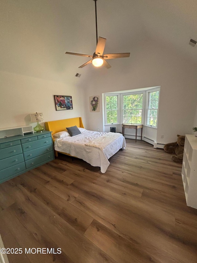 10 English Path, Freehold, NJ 07728 - bedroom with dark wood-style floors, high vaulted ceiling, and ceiling fan