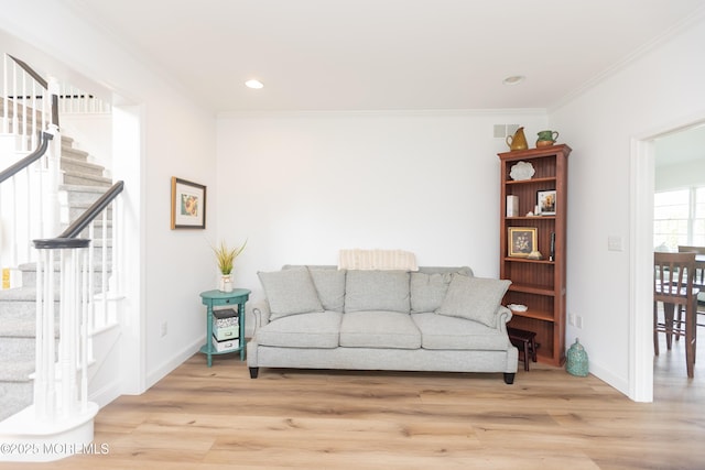 10 English Path, Freehold, NJ 07728 - living area featuring stairway, crown molding, light wood-type flooring, and recessed lighting