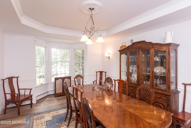 10 English Path, Freehold, NJ 07728 - dining room with wood finished floors, ornamental molding, a tray ceiling, and a wainscoted wall