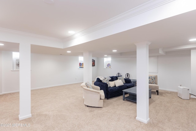 10 English Path, Freehold, NJ 07728 - basement with light carpet, crown molding, and recessed lighting
