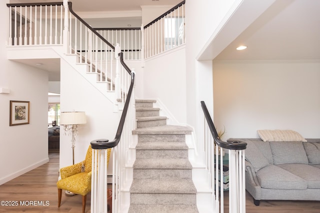 10 English Path, Freehold, NJ 07728 - stairs with wood finished floors, recessed lighting, a high ceiling, and ornamental molding