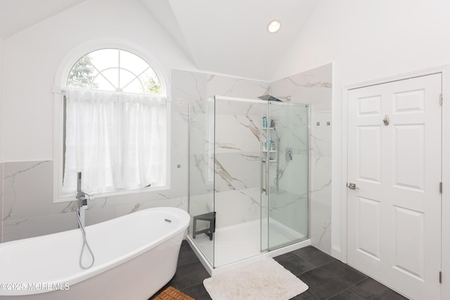 10 English Path, Freehold, NJ 07728 - full bathroom featuring vaulted ceiling, a marble finish shower, a freestanding tub, tile patterned floors, and recessed lighting
