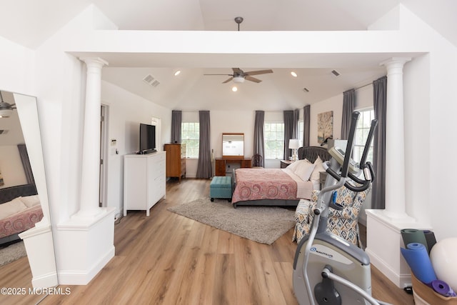 10 English Path, Freehold, NJ 07728 - bedroom with decorative columns, lofted ceiling, light wood finished floors, and recessed lighting